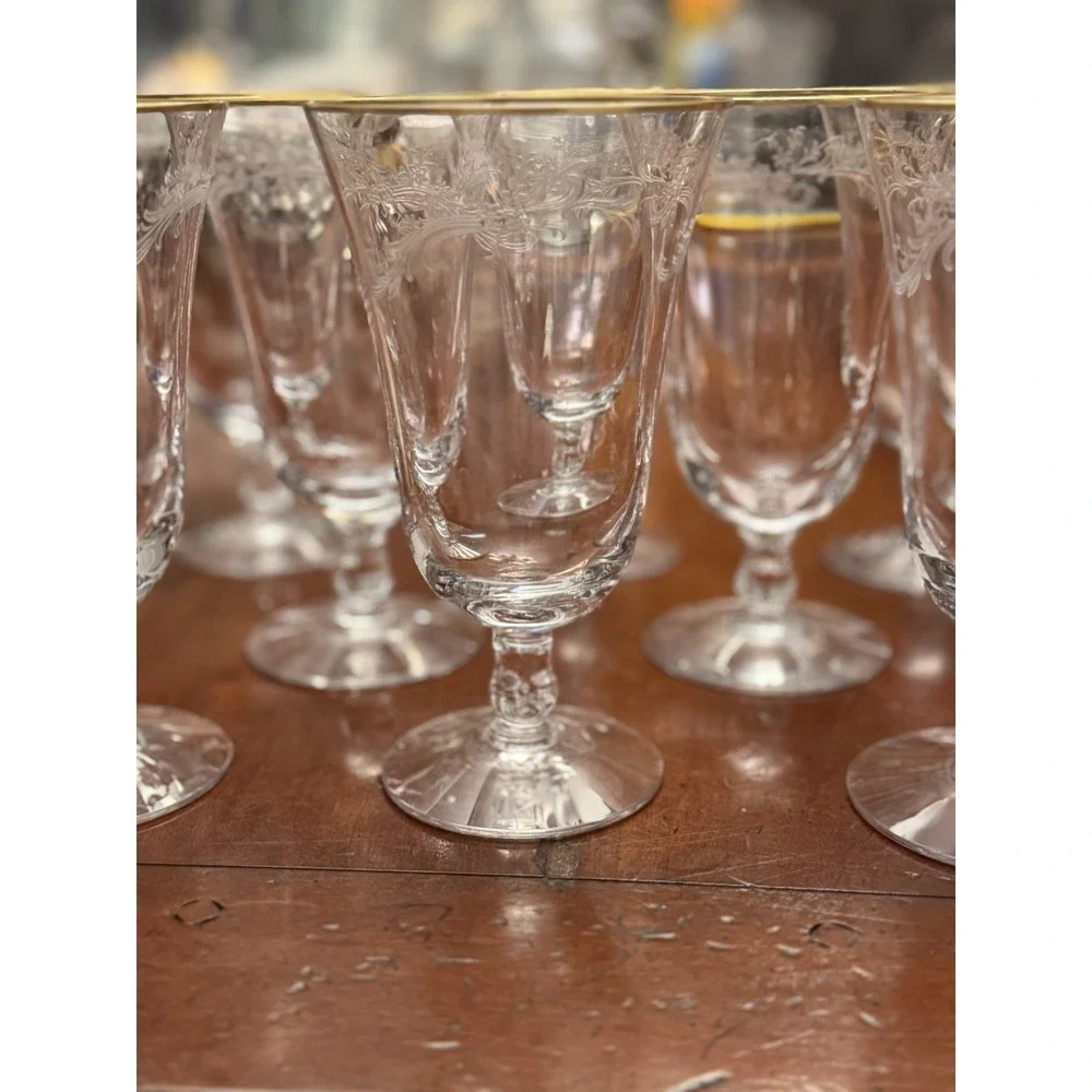 Golden Lace by Fostoria‎ Iced Tea Glasses Set of 8 Vintage Water Etched w/h Gold